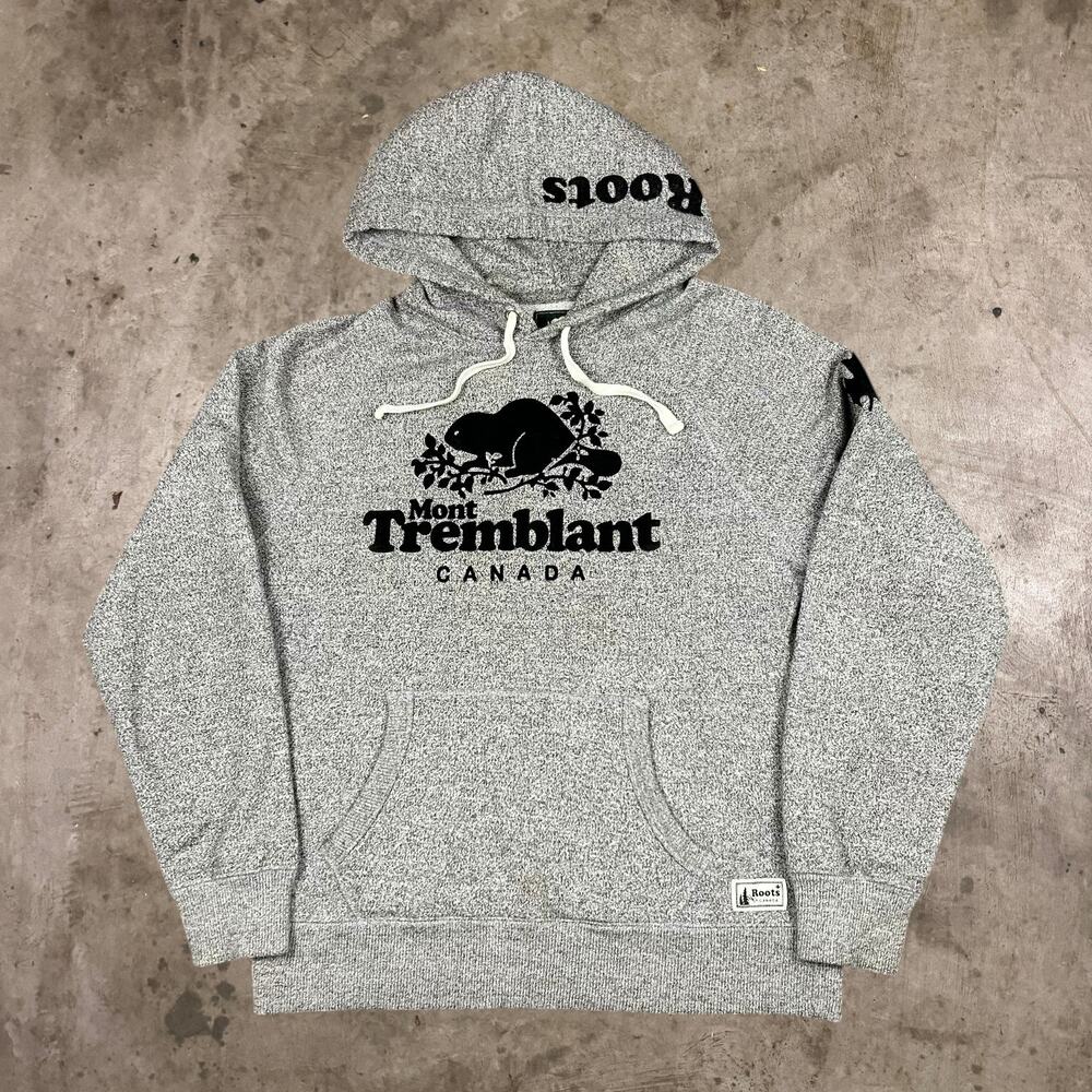 Roots Mont Tremblant Canada Kanga Hoodie Fleece Sweatshirt Gray Mens Size M